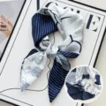Blue and white striped floral silk scarf, elegant neckerchief for women in spring and autumn. - Banana Leaf Stripe - Blue & White