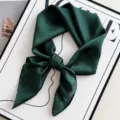 Dark green silk square scarf for women, elegant solid color satin neckerchief for daily wear. - Dark Green