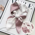 Pink and white striped silk square scarf for women, elegant floral neck scarf accessory. - Banana Leaf Stripe - Pink & White