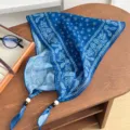 Retro Paisley Beaded Cotton Linen Triangle Scarf Women Summer Thin Versatile Neck Kerchief - Small Lotus Paisley - Denim Blue
