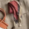 Red geometric print cotton-linen small square scarf with elegant tassels and retro border. - Gem Checkerboard Red Beige