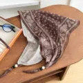 Brown paisley beaded triangle scarf, retro cotton linen neck scarf for women summer daily wear. - Small Lotus Paisley - Coffee