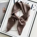 Elegant brown satin square scarf, smooth silky feel, perfect for chic neck styling accessory. - Coffee