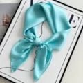 Turquoise silk square scarf for women, elegant solid color satin neck scarf and hair band. - Lake Blue
