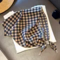 Retro plaid lace triangle scarf for women, summer breathable headscarf with beaded accents. - Small Plaid / Black Beige