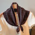 Vintage plaid lace triangle scarf for women, breathable summer ethnic headscarf and bead decor. - Small Plaid / Red Gray