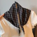 Vintage black white checkered triangle scarf women summer lace beaded hair band neck wrap - Small Plaid / Black and Gray