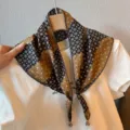 Vintage floral print triangular scarf with delicate lace trim and beaded charm for women. - Checkerboard Small Flower / Black Camel