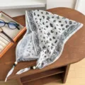 Vintage paisley cotton linen triangular scarf with bead tassels, elegant retro neckerchief. - Cherry Blossom Paisley - White