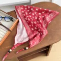 Vintage red paisley bandana triangle scarf with beaded ends, chic cotton linen head wrap. - Cherry Blossom Paisley - Red