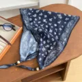 Retro paisley beaded cotton linen triangular scarf, versatile summer thin neck kerchief for women. - Cherry Blossom Paisley - Navy Blue