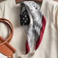 Vintage paisley cotton linen small square scarf with elegant tassels for women spring autumn - Beige Fringe Two Tone Paisley Black White Red Edge