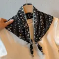 Women vintage floral print triangular scarf with white lace trim and delicate beads for summer. - Connected Floral / Black