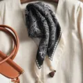 Retro black and white paisley square scarf for women, elegant cotton linen neckerchief with tassels. - Beige Coffee Fringe Western Regions Paisley Black White