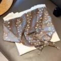 Retro floral lace triangular scarf for women, summer ethnic style breathable head wrap with beads. - Connected Floral / Coffee