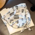 Vintage black and white print thin triangular scarf with beaded string for women summer. - Glitch Space / White