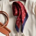 Retro cotton linen small square scarf for women, red neckerchief with blue border and tassels. - Beige Fringe Falling Small Leaves Red