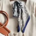 Vintage paisley linen scarf, elegant print square neckerchief with tassels for women. - Beige Fringe Diagonal Grid Paisley Blue Gray