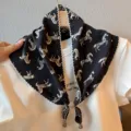 Vintage black lace triangular scarf with white horse print, elegant chic kerchief for summer. - Thousands Of Horses / Black