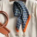 Blue and orange patterned small square scarf with tassel trim, elegant fashion neckerchief. - Beige Fringe Letter X Blue