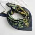 Silk square scarf for women featuring botanical leaf print, stylish retro hair accessory. - Yellow-Green Four Leaf