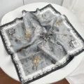 Retro horsebit chain print square scarf for women, elegant grey neckerchief for daily wear. - Golden Saddle