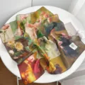 French oil painting cotton small square scarf for women, retro floral neckerchief. - Oil Painting Rose Grid