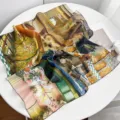 French vintage oil painting print square scarf, soft cotton neckerchief for spring and autumn. - French Palace Grid