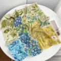 French vintage oil painting floral print silk square scarf, elegant neckerchief accessory for women. - Fairy Tale Blue Strawberry Grid