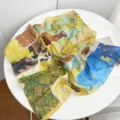 French vintage oil painting cotton small square scarf for women spring autumn neckwear - Midsummer Fruit Grid