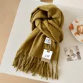 Mosterdgele imitatie kasjmier sjaal winter warm lange franjes zacht gezellig en fijn - Olijfgroen