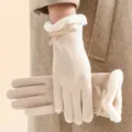 Guantes de invierno cálidos para mujer con puño de piel sintética y lazo elegante - Talla única / Beige