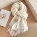 Bufanda de invierno blanca pura de cachemira y lana suave con flecos, estilo elegante. - Blanco