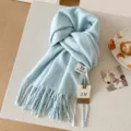 Gezellige lichtblauwe imitatie kasjmier sjaal voor de winter, warme effen franje omslagdoek. - Muntblauw