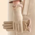 Guantes termicos tactiles de invierno para mujer con puño de felpa y bonito lazo. - Talla única / Camel