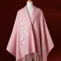 Pink wool embroidered shawl with floral design, elegant winter cape and wrap for women. - Korean Pink