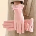 Guantes de invierno cálidos de mujer rosa con puños de piel sintética y lazo bonito variante. - Talla única / Rosa