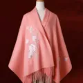 Elegant pink wool embroidered shawl cape for women, warm floral winter wrap scarf. - Lotus root pink