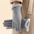 Women winter warm gloves with bow fleece lined windproof thermal touch screen gloves pair - One Size / Gray
