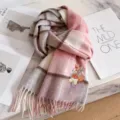 Mujer Invierno Calido Cuadros Lana Bufanda Con Lindo Bordado Y Flecos Suave Cuello - Cuadros Rosa Gris Poni
