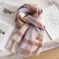 Plaid wool winter scarf with cute rabbit embroidery, soft cozy tassel design stylish neck wrap. - Blue Pink Coffee Plaid Pony