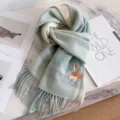 Cozy plaid wool scarf with cute rabbit embroidery, soft winter warm fringe neck wrap - Green Beige Plaid Pony