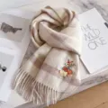 Winter cashmere blend plaid scarf for women, featuring cute embroidered rabbit design and elegant fringe. - White Coffee Plaid Pony