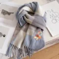 Blue and grey plaid winter cashmere scarf with cute rabbit embroidery and fringe hem. - Blue and White Pony