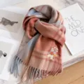 Cozy plaid wool winter scarf with cute embroidered rabbit design, soft warm tassel neck wrap. - Brown Blue Plaid Pony