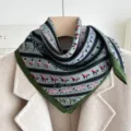 Elegant blue equestrian print square silk scarf, stylish women's neck accessory for spring. - Striped Horse - Blue Green