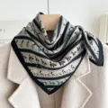 Elegant silk-feel square scarf with classic horse and belt pattern for women fashion. - Striped Horse - Black Camel