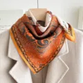 Orange silk scarf 70cm square scarf luxury style horse carriage print neckerchief for women - Han Style Horse - Orange