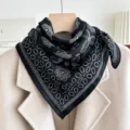 Black paisley print square silk scarf, elegant vintage neckerchief for women daily wear. - Lucky Clover - Black