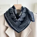 Navy blue paisley floral square silk scarf vintage style women neckerchief fashion accessory - Lucky Clover - Navy Blue